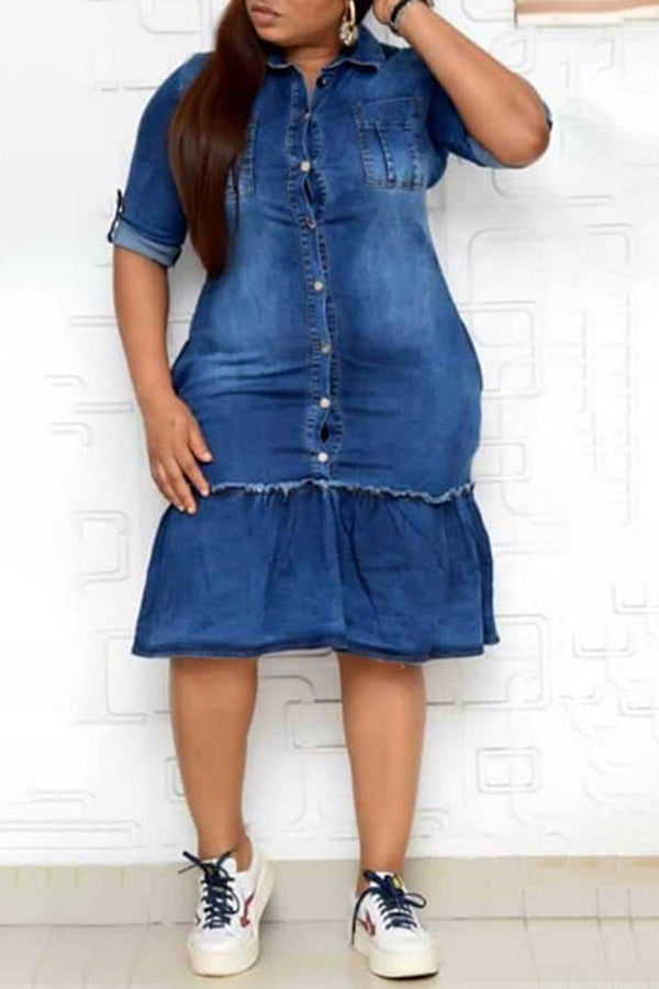 Plus Size Ruffled Single-Breasted Pocket Washed Denim Midi Dress