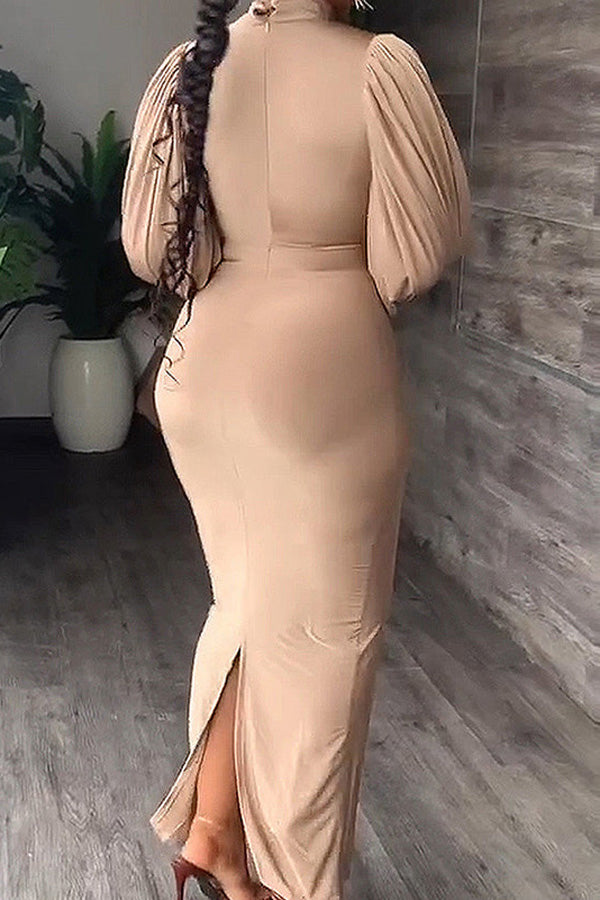 Sexy Slim Round Neck Ruffle Sleeve Solid Color Dress